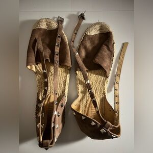 Schutz Studded Suede Espadrille Ankle Wrap Flat Sandals